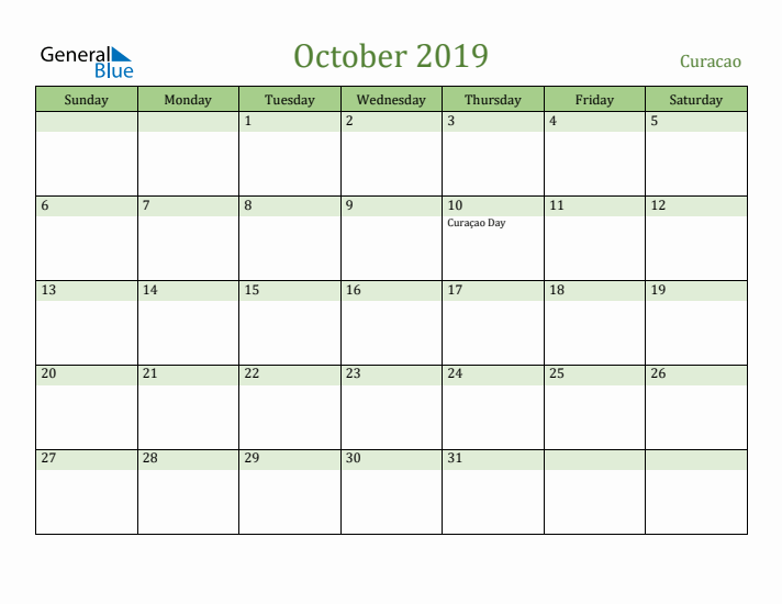 October 2019 Calendar with Curacao Holidays