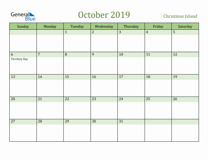 October 2019 Calendar with Christmas Island Holidays