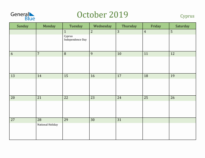 October 2019 Calendar with Cyprus Holidays