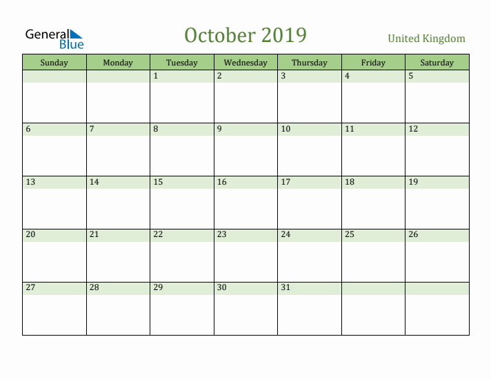 October 2019 Calendar with United Kingdom Holidays