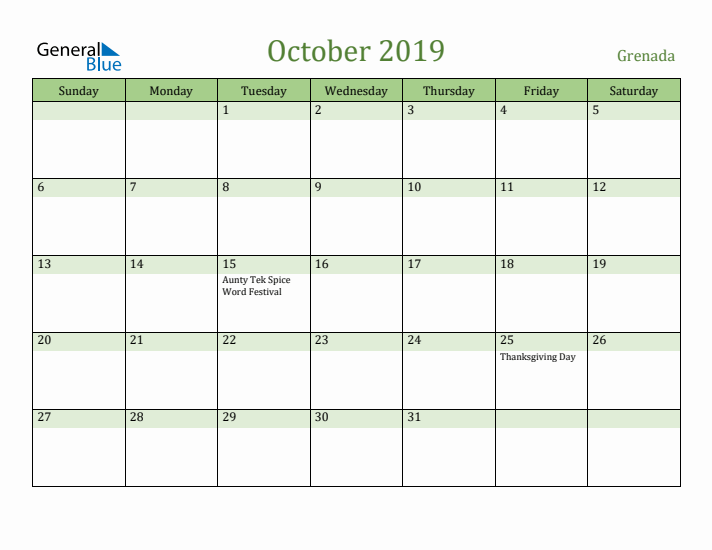 October 2019 Calendar with Grenada Holidays