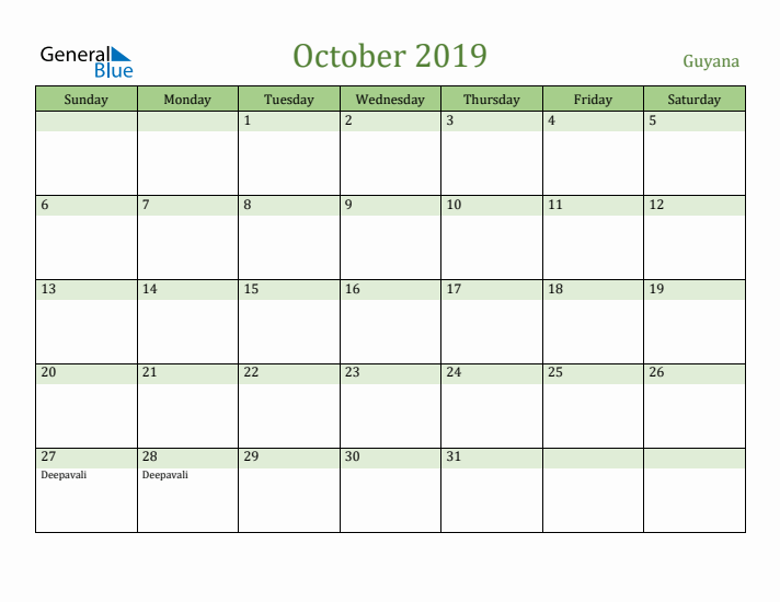 October 2019 Calendar with Guyana Holidays