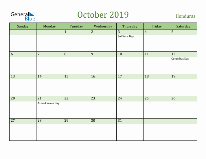 October 2019 Calendar with Honduras Holidays
