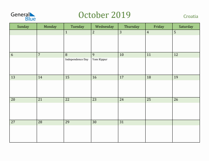 October 2019 Calendar with Croatia Holidays