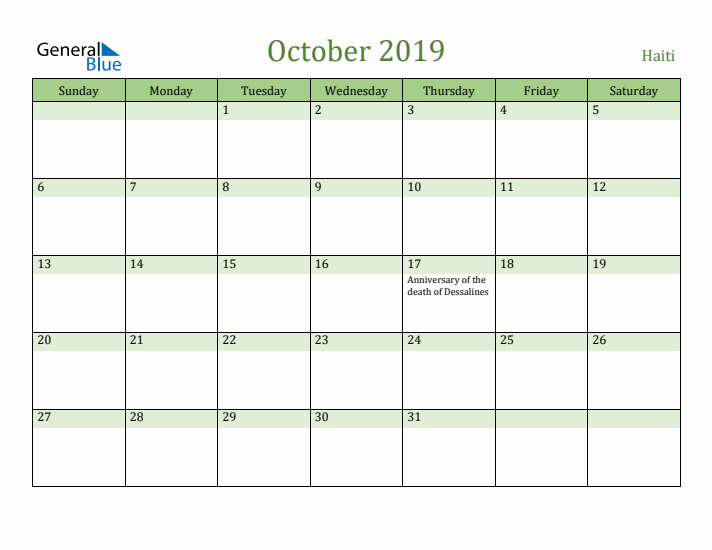 October 2019 Calendar with Haiti Holidays