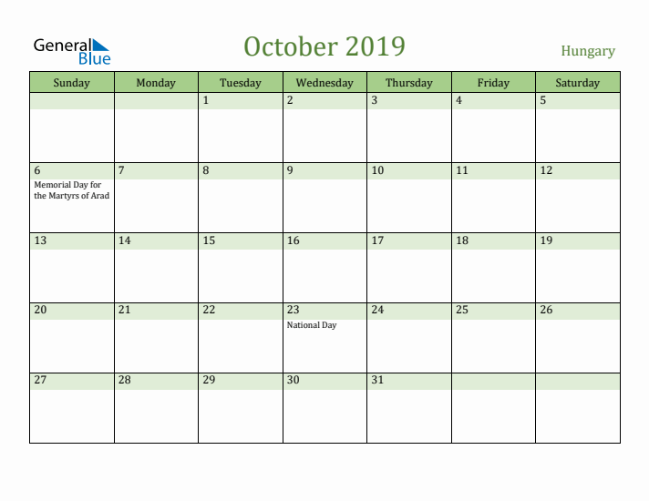 October 2019 Calendar with Hungary Holidays