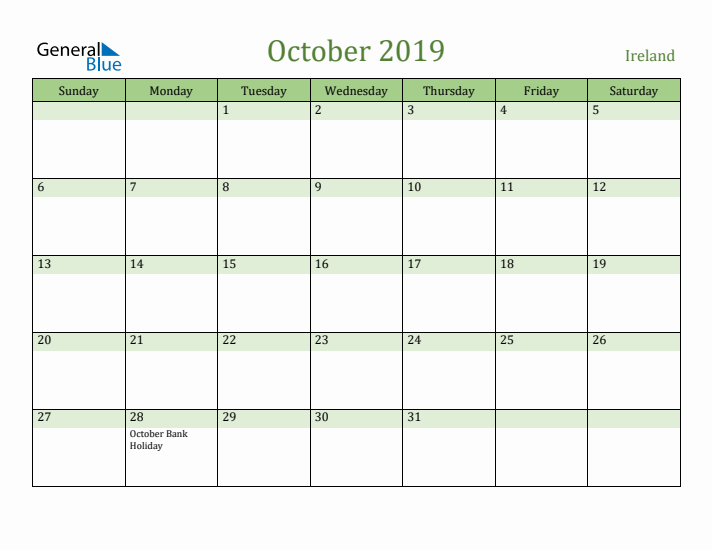 October 2019 Calendar with Ireland Holidays