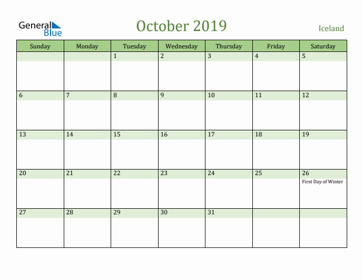 October 2019 Calendar with Iceland Holidays