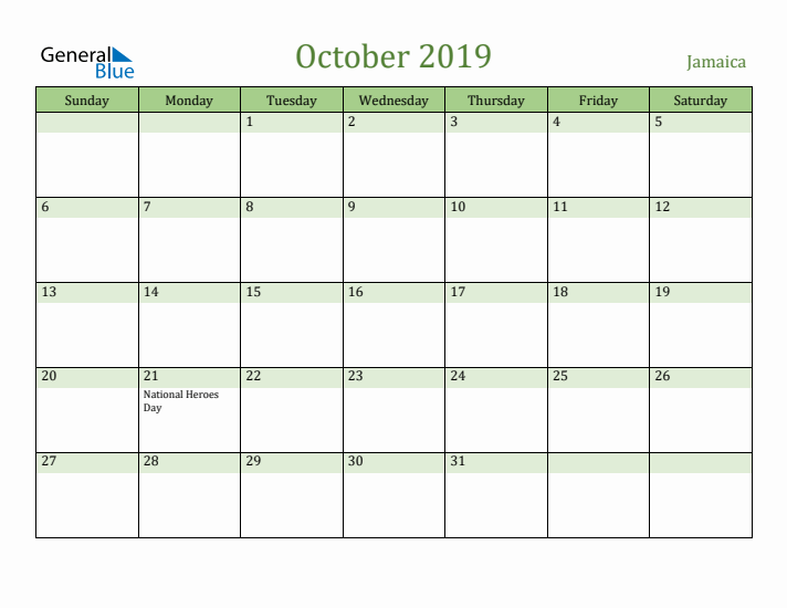 October 2019 Calendar with Jamaica Holidays