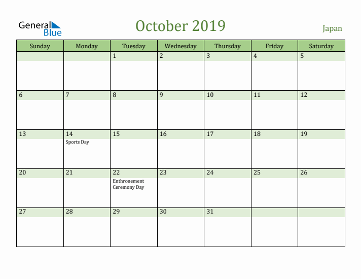 October 2019 Calendar with Japan Holidays