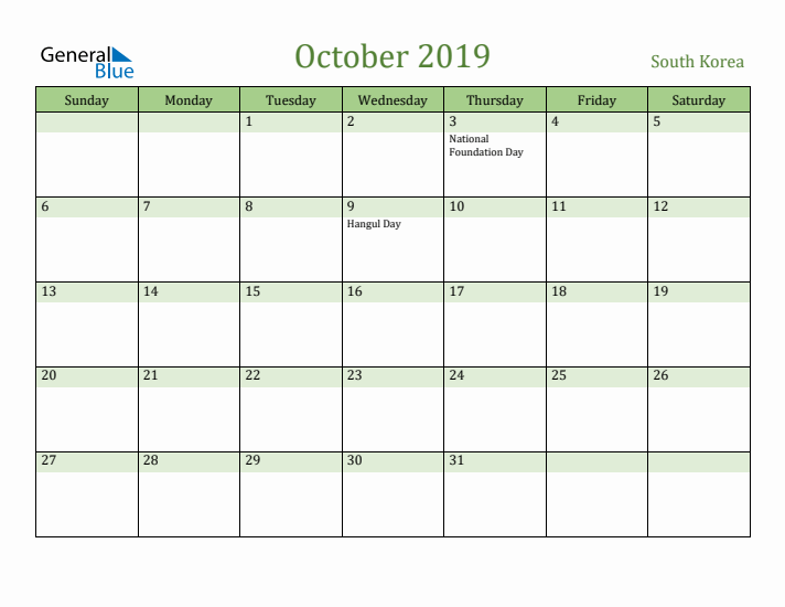 October 2019 Calendar with South Korea Holidays
