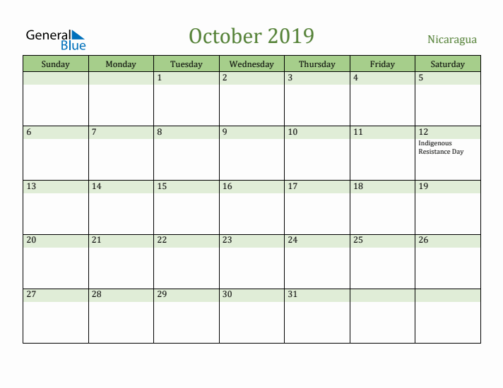 October 2019 Calendar with Nicaragua Holidays
