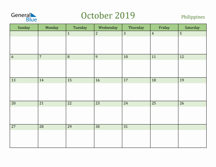 October 2019 Calendar with Philippines Holidays