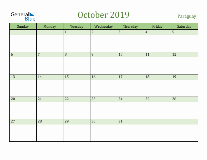 October 2019 Calendar with Paraguay Holidays
