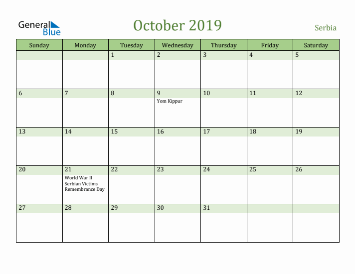 October 2019 Calendar with Serbia Holidays