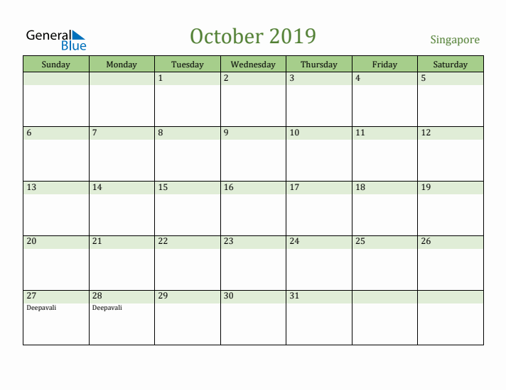 October 2019 Calendar with Singapore Holidays