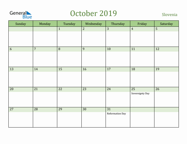 October 2019 Calendar with Slovenia Holidays