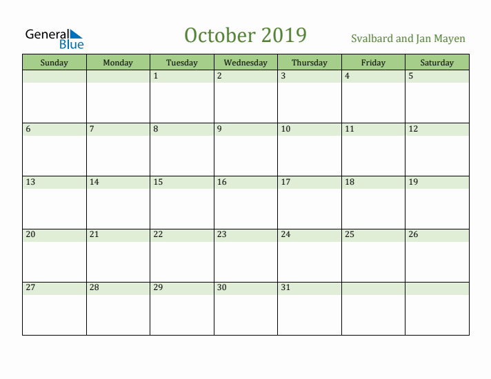 October 2019 Calendar with Svalbard and Jan Mayen Holidays