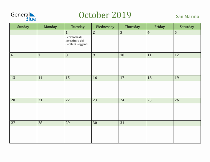 October 2019 Calendar with San Marino Holidays