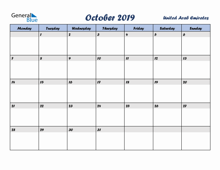 October 2019 Calendar with Holidays in United Arab Emirates