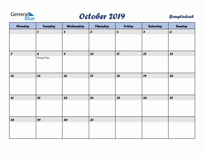 October 2019 Calendar with Holidays in Bangladesh