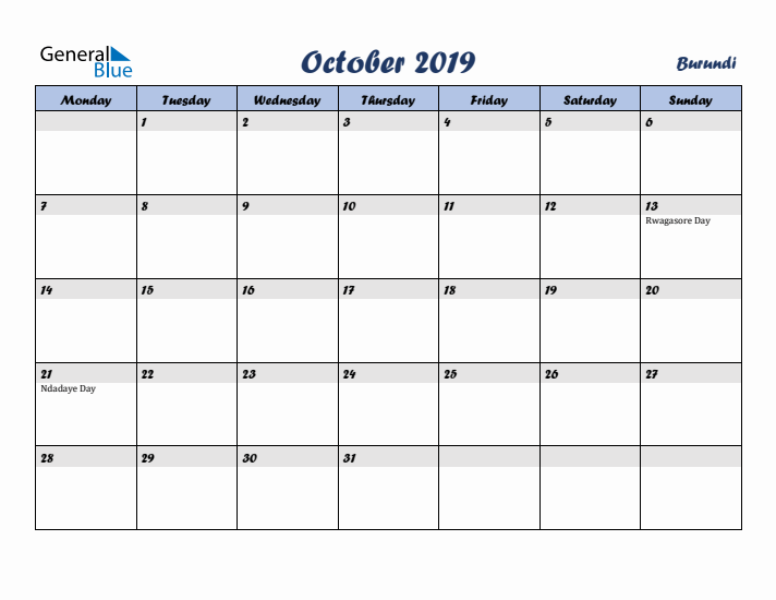 October 2019 Calendar with Holidays in Burundi