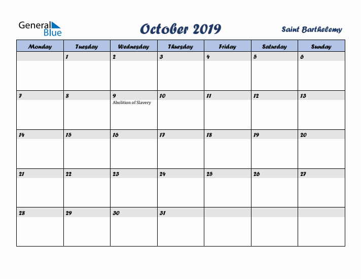 October 2019 Calendar with Holidays in Saint Barthelemy