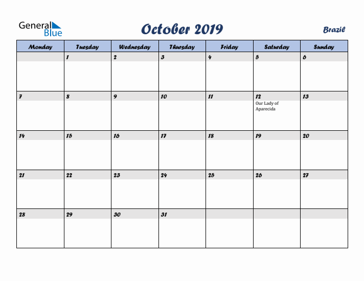 October 2019 Calendar with Holidays in Brazil
