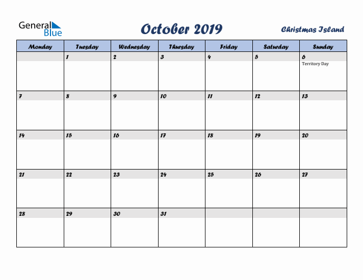 October 2019 Calendar with Holidays in Christmas Island