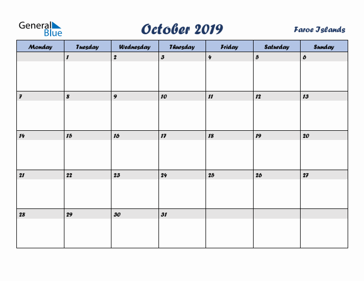 October 2019 Calendar with Holidays in Faroe Islands