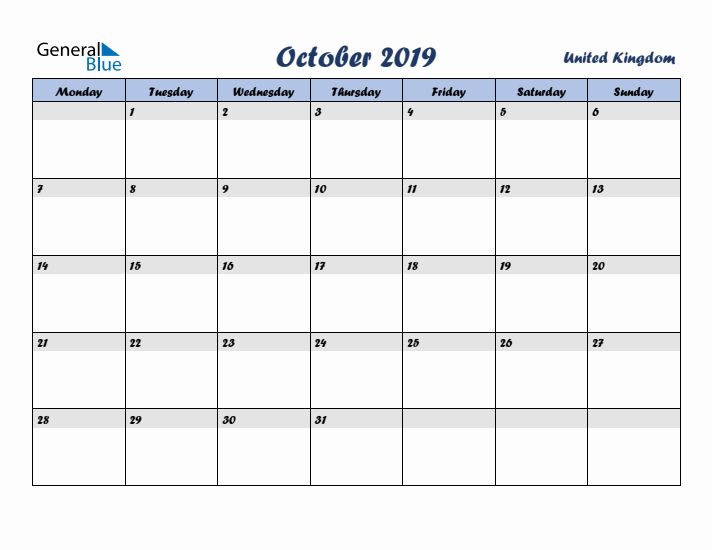 October 2019 Calendar with Holidays in United Kingdom