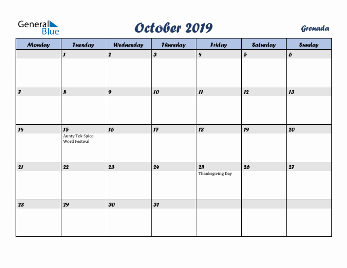October 2019 Calendar with Holidays in Grenada