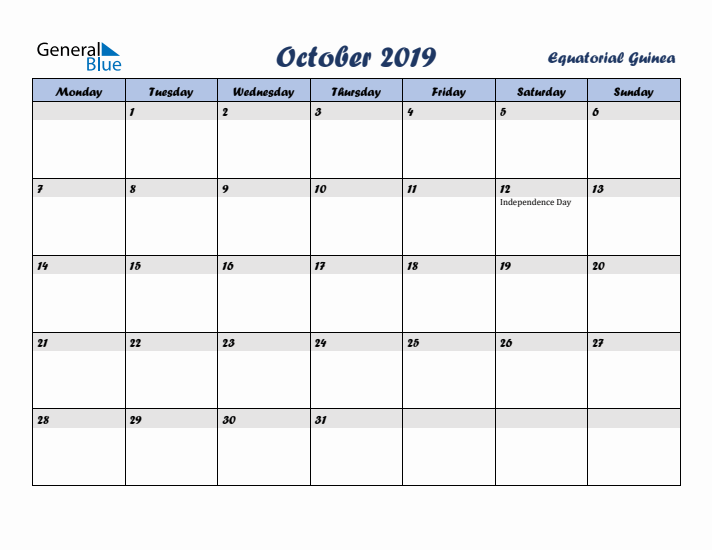 October 2019 Calendar with Holidays in Equatorial Guinea
