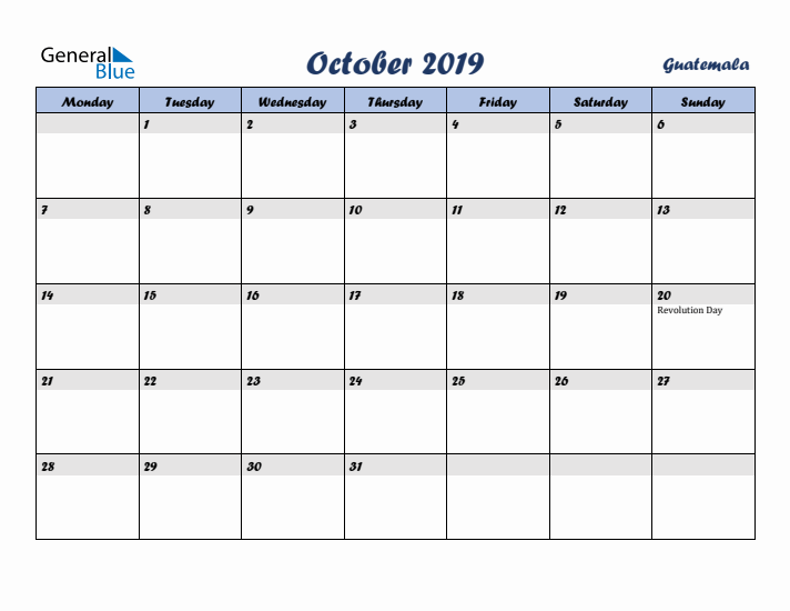 October 2019 Calendar with Holidays in Guatemala