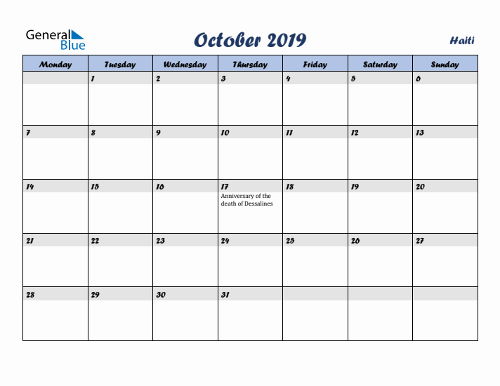 October 2019 Calendar with Holidays in Haiti