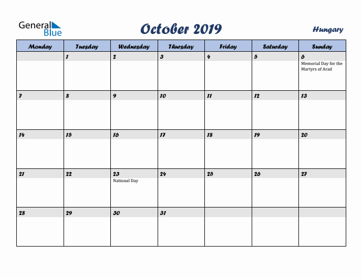 October 2019 Calendar with Holidays in Hungary
