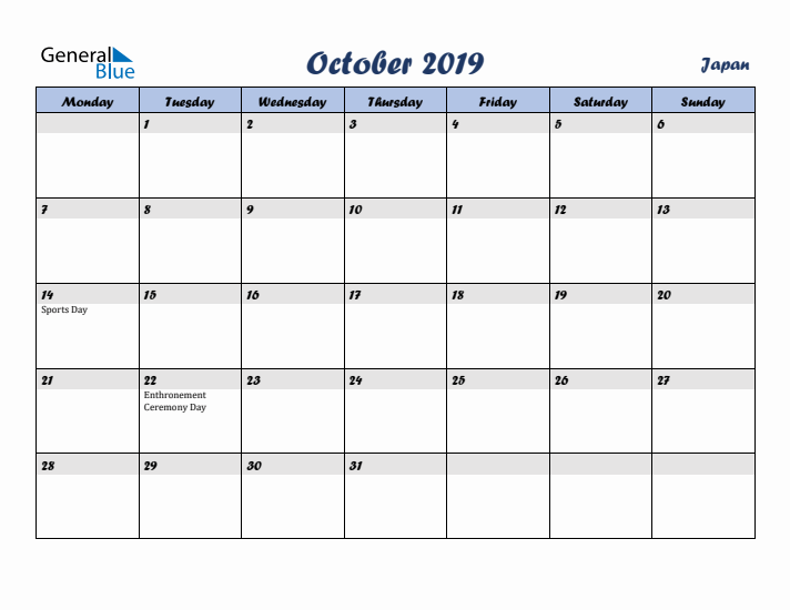October 2019 Calendar with Holidays in Japan
