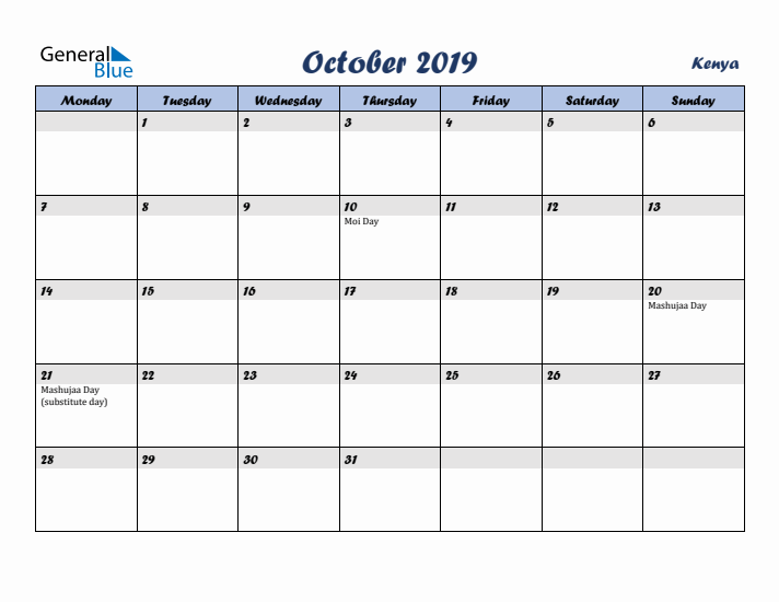 October 2019 Calendar with Holidays in Kenya