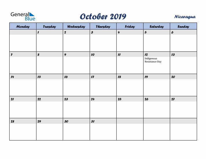 October 2019 Calendar with Holidays in Nicaragua