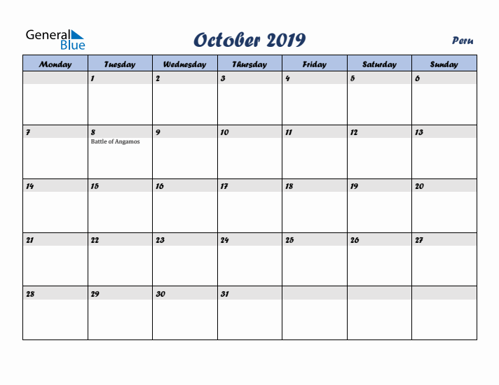 October 2019 Calendar with Holidays in Peru