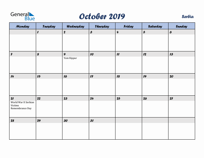 October 2019 Calendar with Holidays in Serbia