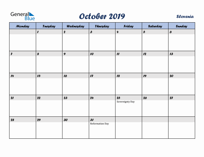 October 2019 Calendar with Holidays in Slovenia