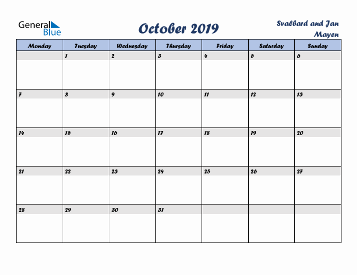 October 2019 Calendar with Holidays in Svalbard and Jan Mayen