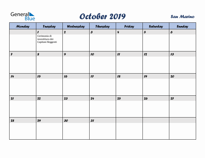 October 2019 Calendar with Holidays in San Marino