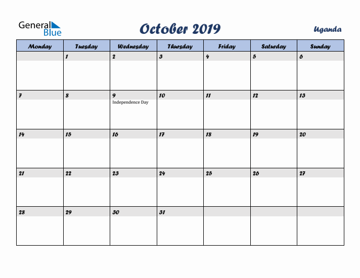 October 2019 Calendar with Holidays in Uganda