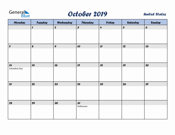 October 2019 Calendar with Holidays in United States