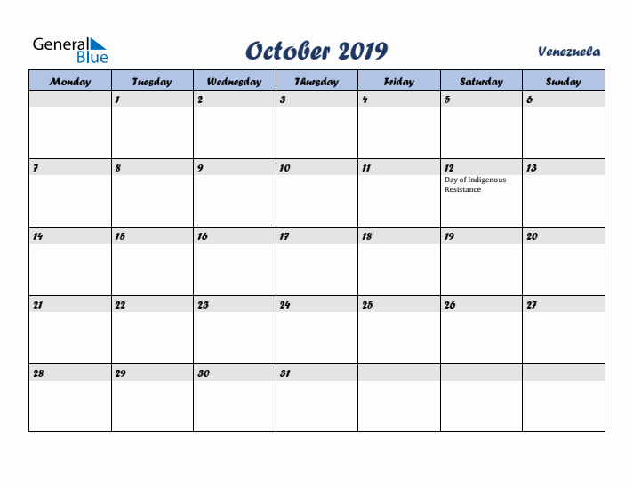 October 2019 Calendar with Holidays in Venezuela