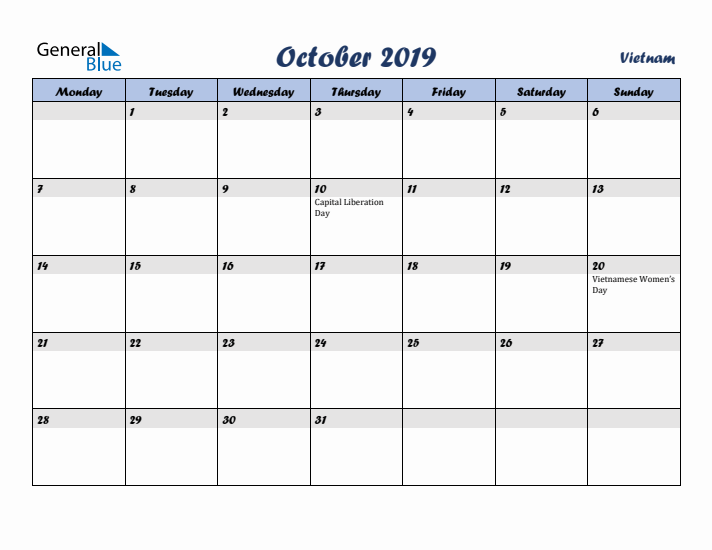 October 2019 Calendar with Holidays in Vietnam