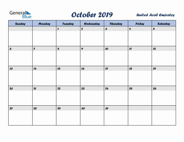 October 2019 Calendar with Holidays in United Arab Emirates