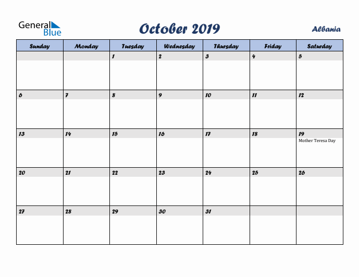 October 2019 Calendar with Holidays in Albania
